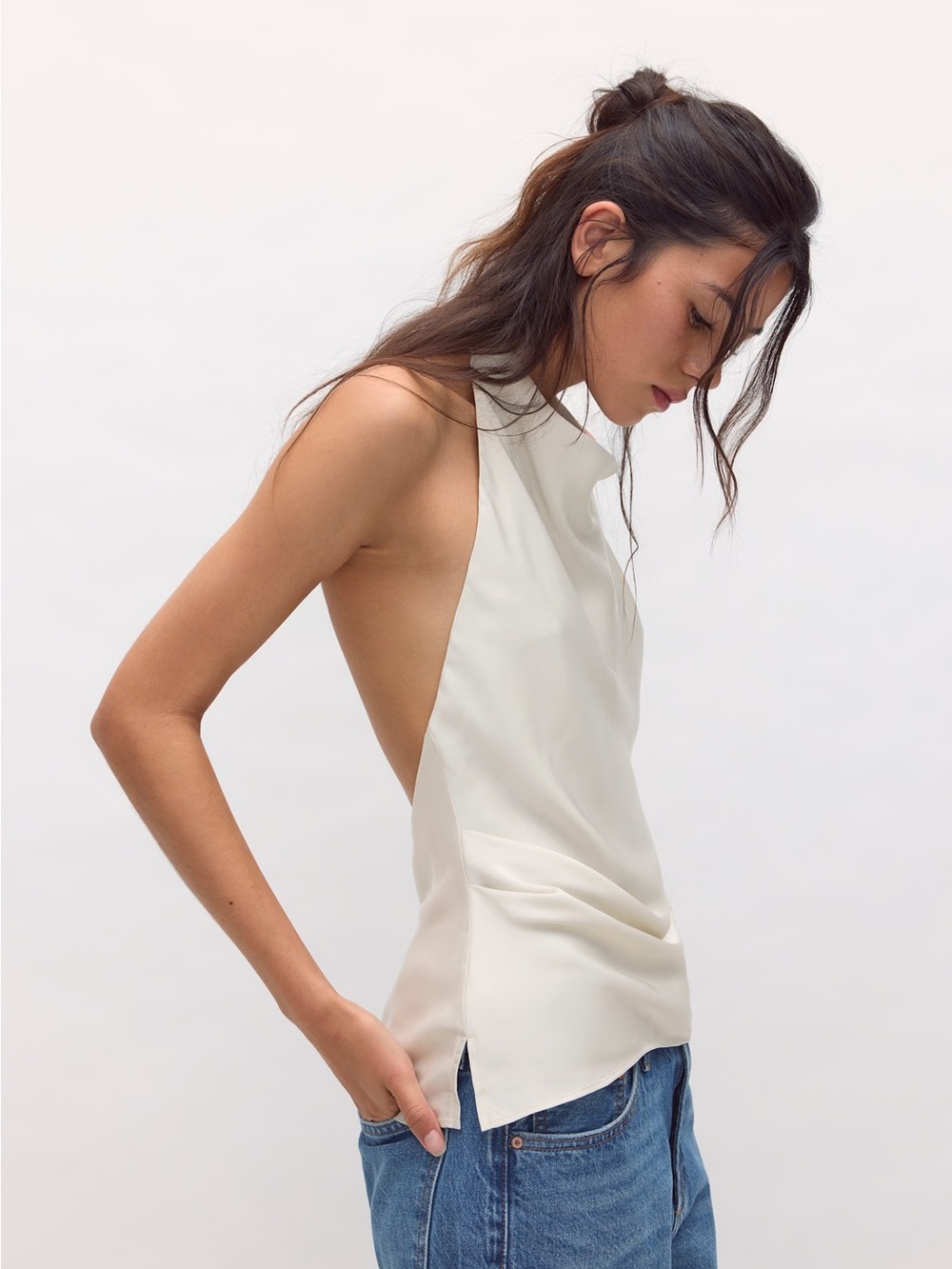Aritzia Cream Satin Halter Low Back Top - Aritzia Audience Top